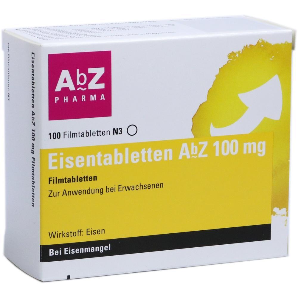 Wei&szlig;e Schachtel mit gelbem Bereich, darauf steht "Eisentabletten AbZ 100 mg".