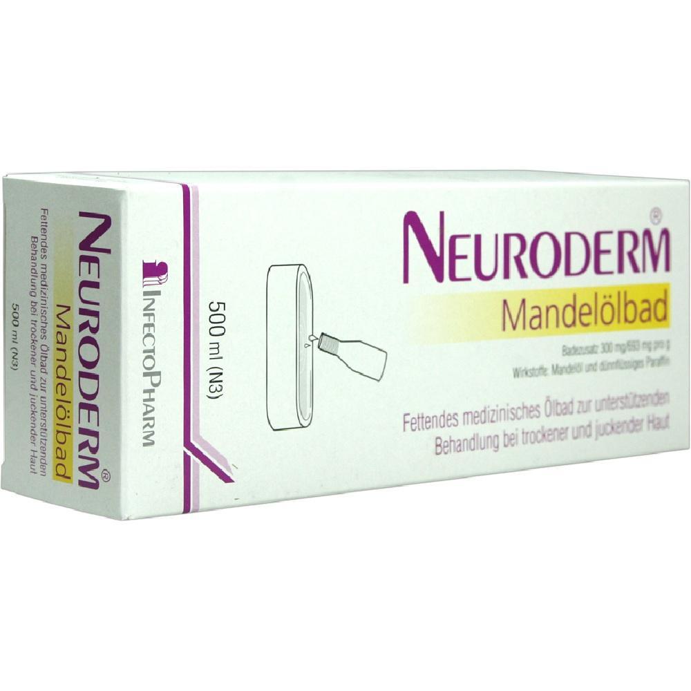 Eine weiße Verpackung von Neuroderm Mandelölbad mit lila und gelber Schrift.