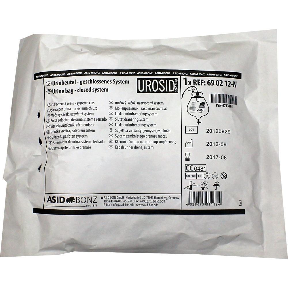 Verpackung eines Urinbeutels mit mehrsprachiger Beschriftung.