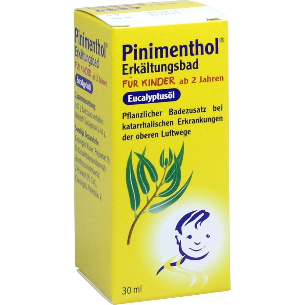 Gelbe Verpackung von Pinimenthol Erkältungsbad für Kinder mit Eukalyptusöl, 30 ml.