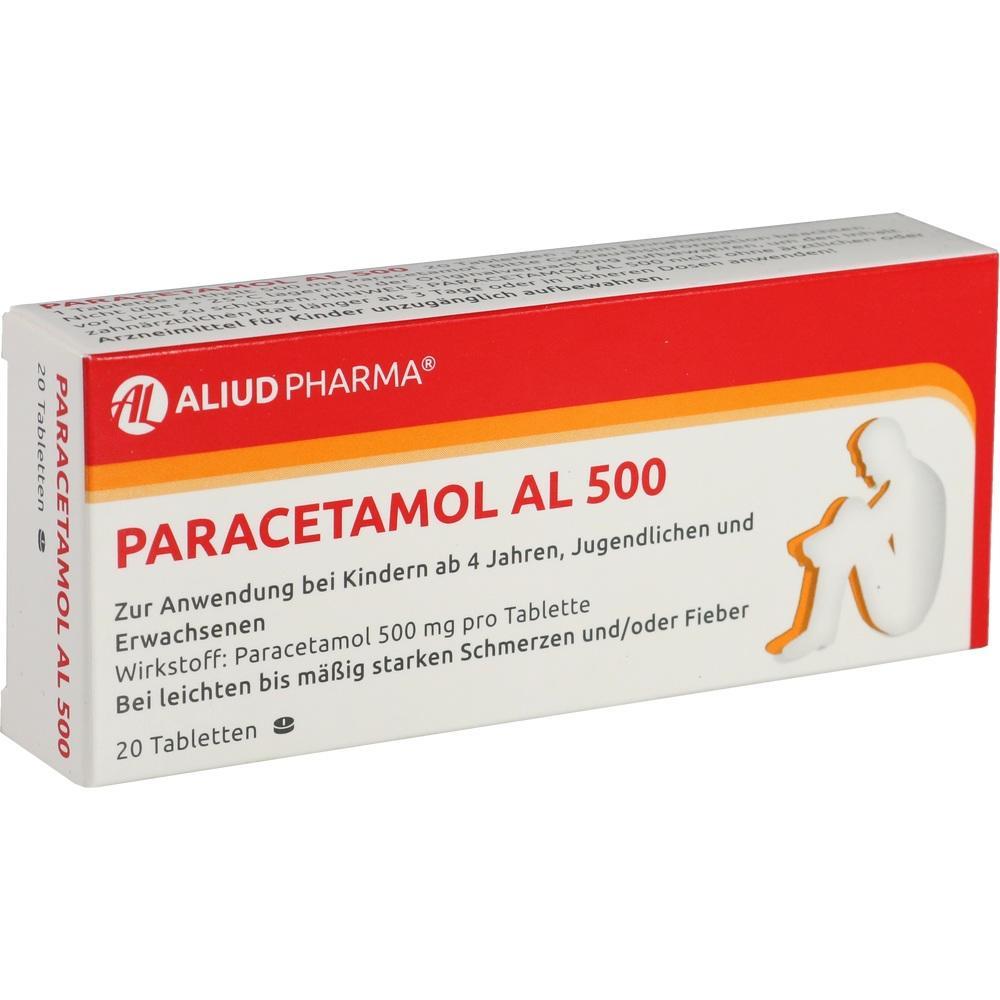 Eine Packung Paracetamol AL 500 von Aliud Pharma mit 20 Tabletten gegen Schmerzen und Fieber.