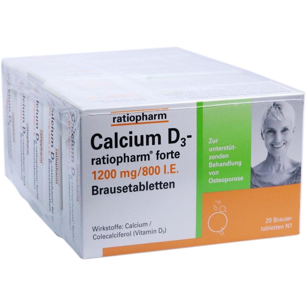 Packung mit Calcium D3-Brausetabletten von Ratiopharm zur Unterstützung bei Osteoporose.