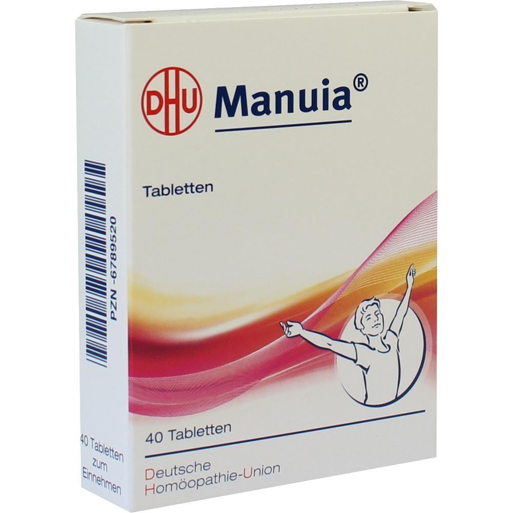 Eine weiße Tablettenpackung mit dem Namen "Manuia" und einem gezeichneten, freudigen Menschen.