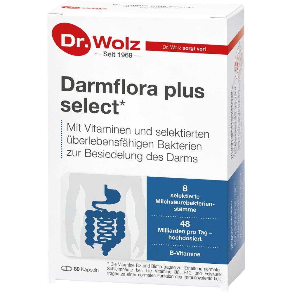 Eine weiße Verpackung mit dem Text "Darmflora plus select" und medizinischen Informationen.