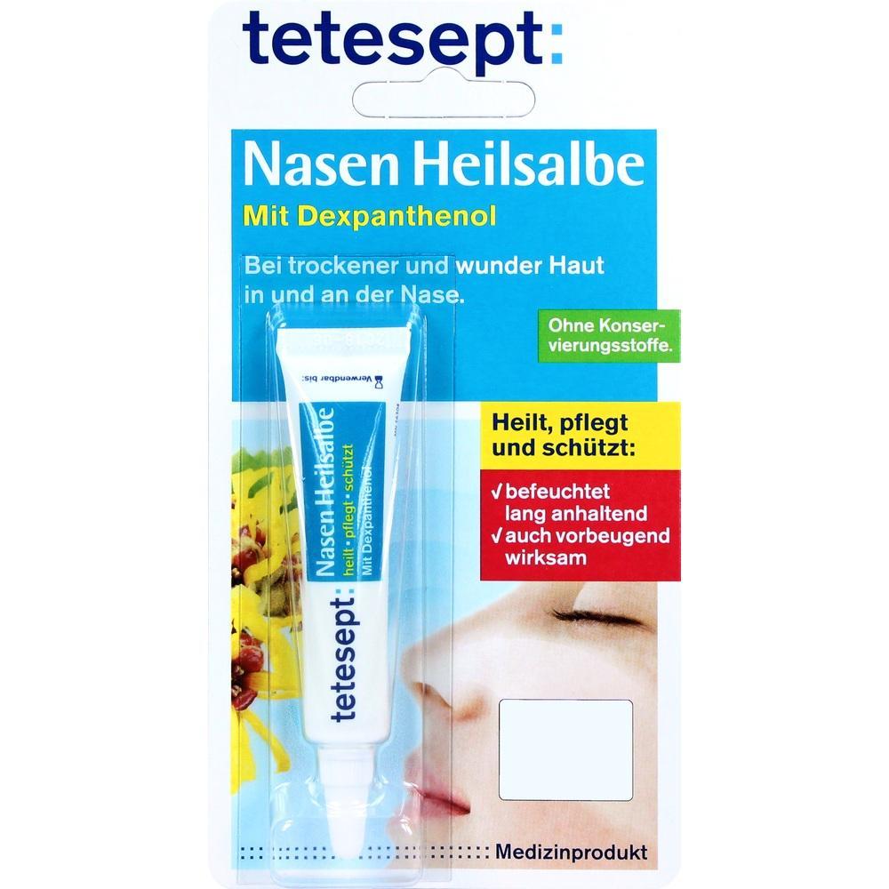 Tube mit Nasen-Heilsalbe von Tetesept, hilft bei trockener und wunden Haut an der Nase.