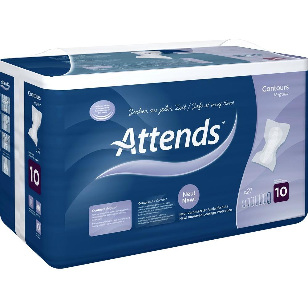 Packung mit Inkontinenzprodukten der Marke Attends, blau und lila gestaltet.