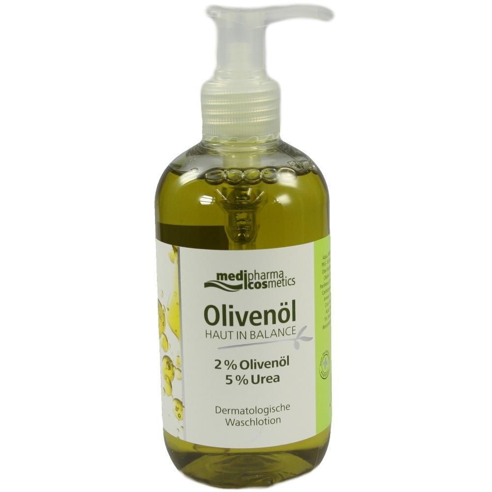 Gr&uuml;ne Flasche mit Oliven&ouml;l-Waschlotion und Pumpverschluss.