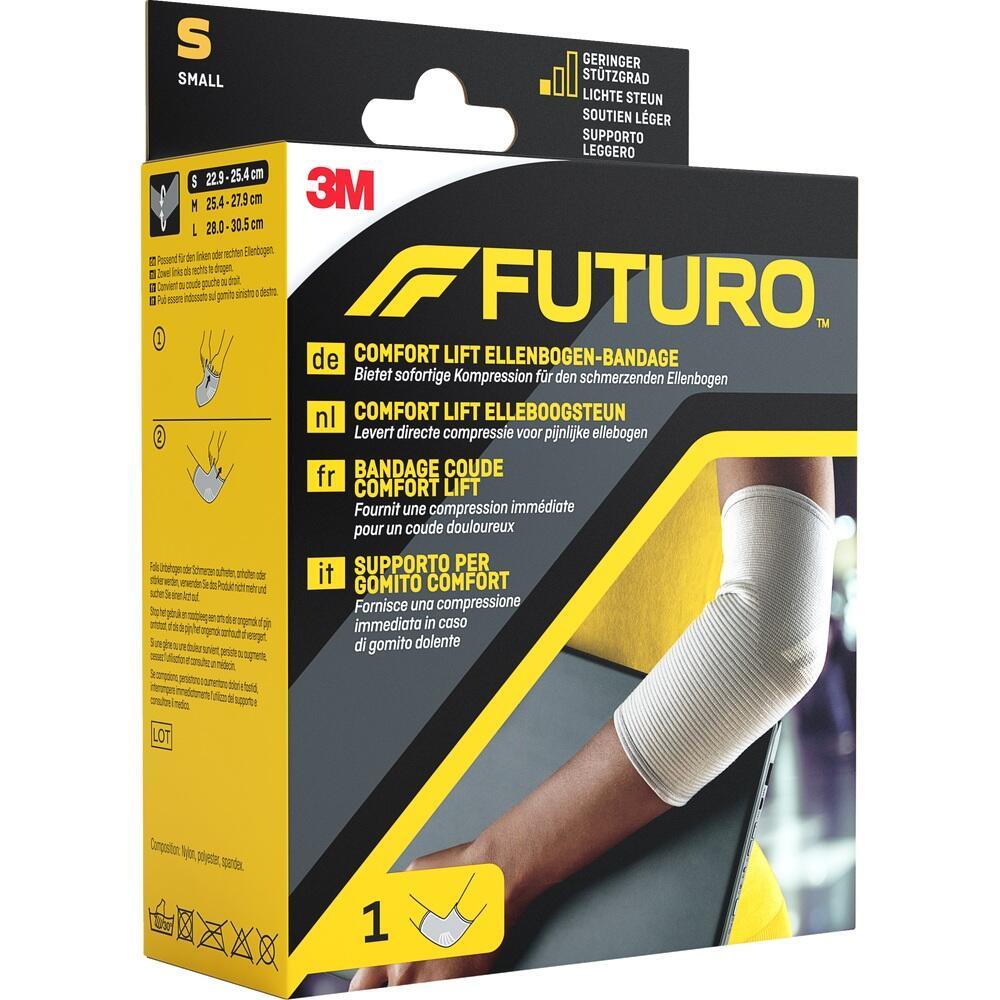 Gelbe Verpackung mit einer Bandage für den Ellenbogen und Text in verschiedenen Sprachen.