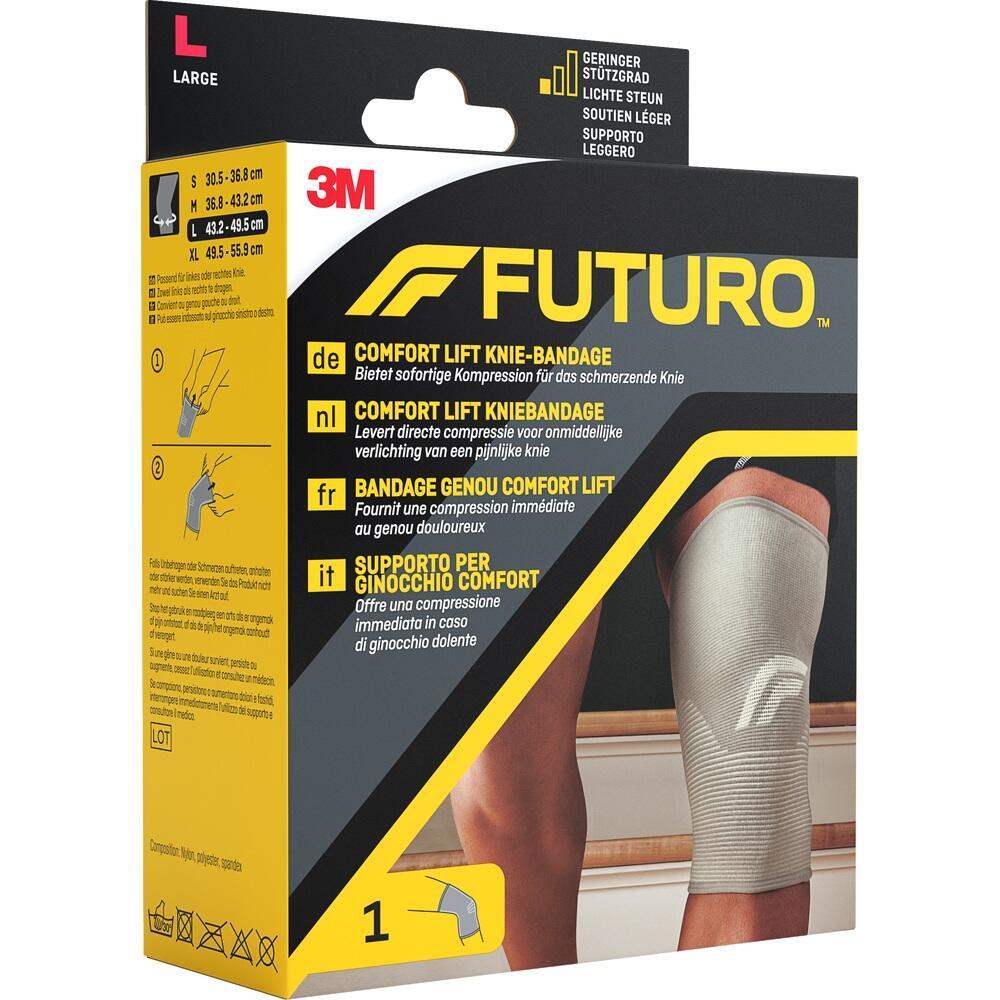 Verpackung einer Knieschiene von 3M Futuro in Größe L, abgebildet am Bein.