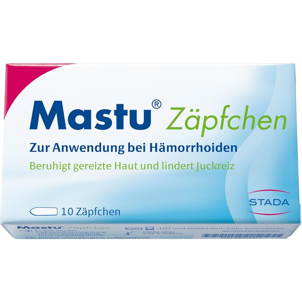 Eine Packung Mastu Zäpfchen zur Linderung von Hämorrhoidenbeschwerden.