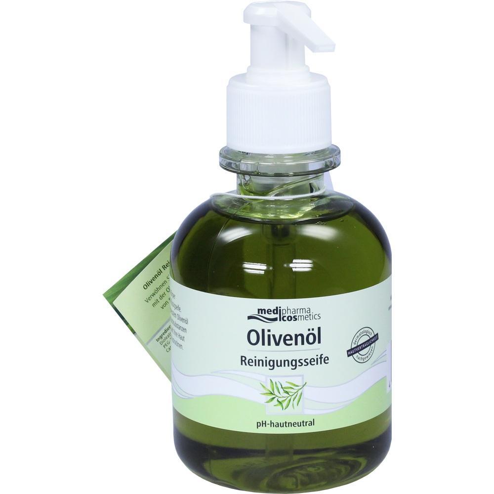Gr&uuml;ne Flasche mit Oliven&ouml;l-Reinigungsseife und Pumpspender.