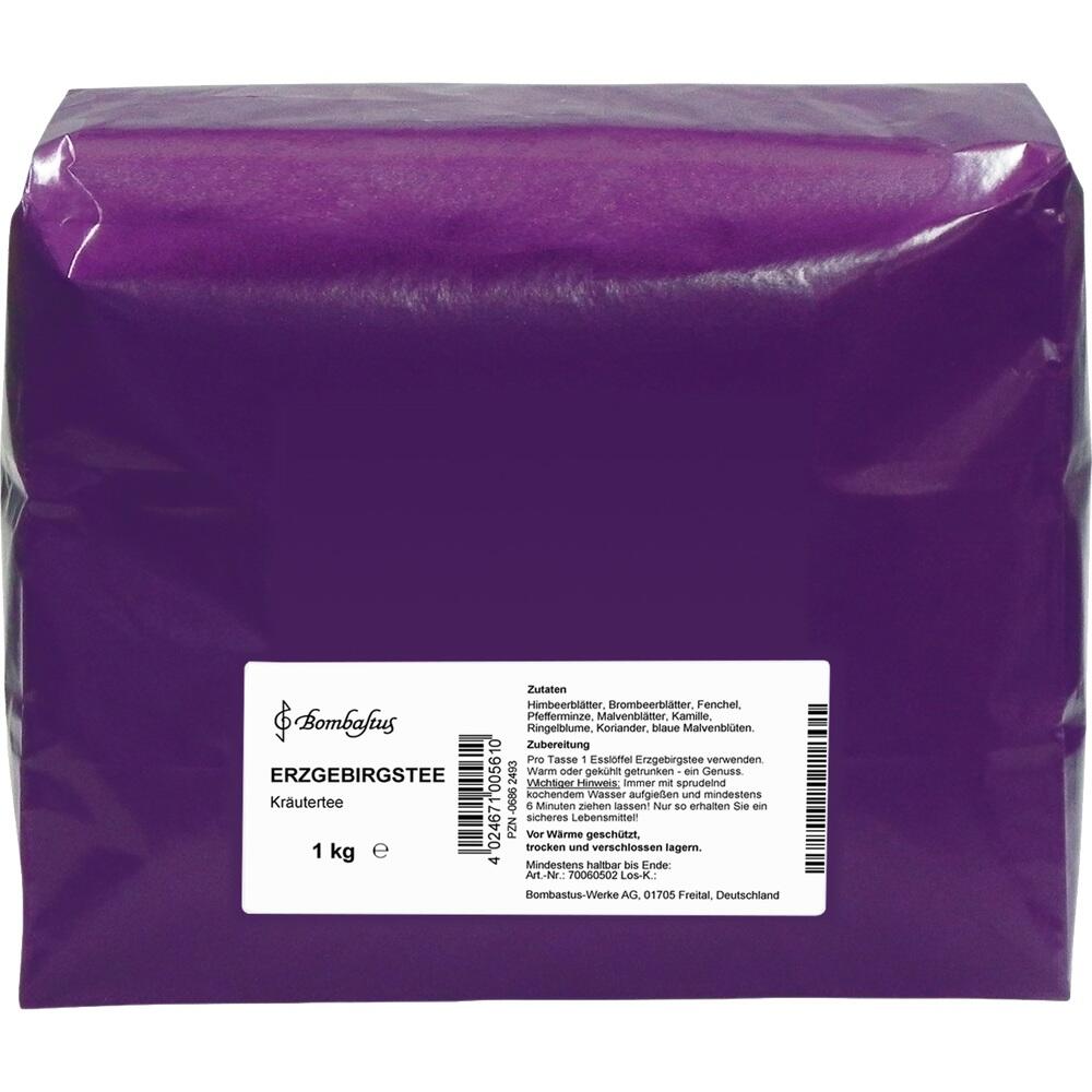 Lila Teepackung mit der Aufschrift "Erzgebirgstee, Kräutertee, 1 kg".