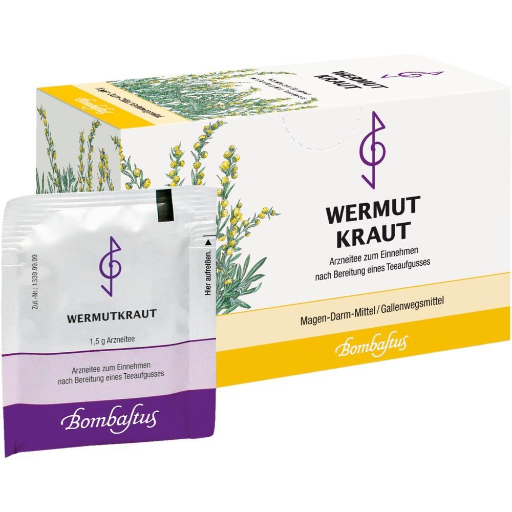 Eine Packung und ein Beutel Wermutkraut-Tee für Magen-Darm-Beschwerden.