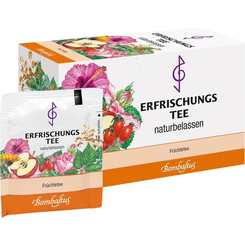 Teepackung und Teebeutel mit Blumen- und Fruchtmotiven auf der Verpackung.
