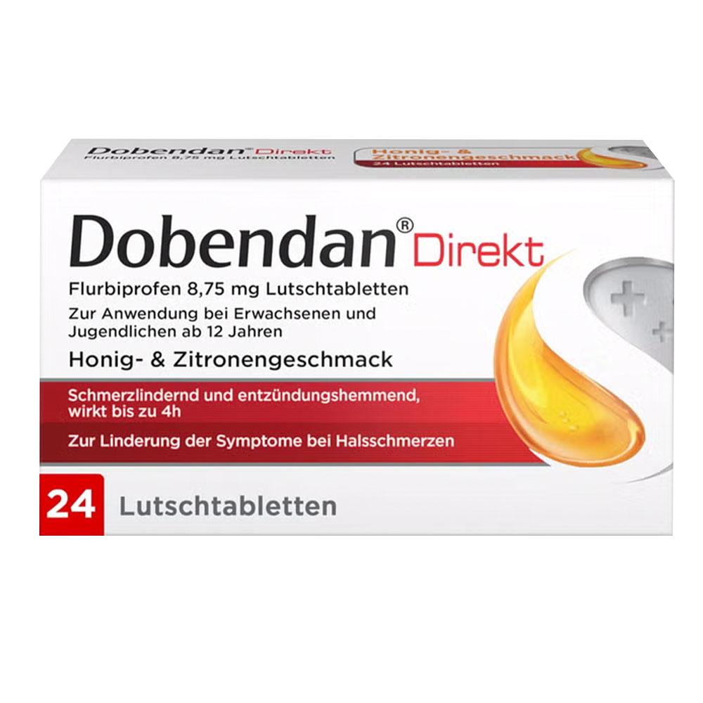 Eine Packung Dobendan Lutschtabletten f&uuml;r Halsschmerzen mit Honig-Zitronen-Geschmack.