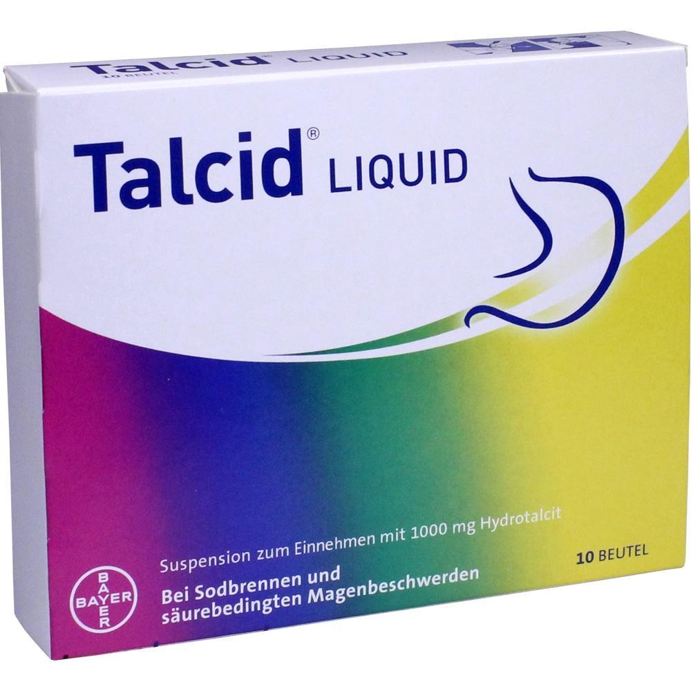 Eine Packung Talcid Liquid gegen Sodbrennen mit 10 Beuteln.