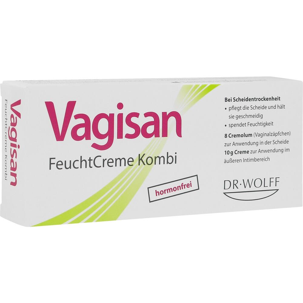 Weiße Verpackung der Vagisan FeuchtCreme Kombi mit pinkem Schriftzug und grünen Linien.