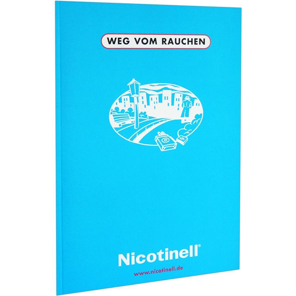 Blaues Heft mit dem Titel "Weg vom Rauchen" und einem Stadtbild auf dem Cover.