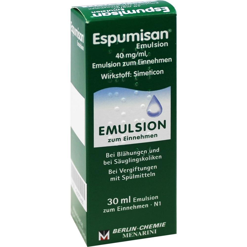 Gr&uuml;ne Packung von Espumisan Emulsion, hilft bei Bl&auml;hungen und Koliken.