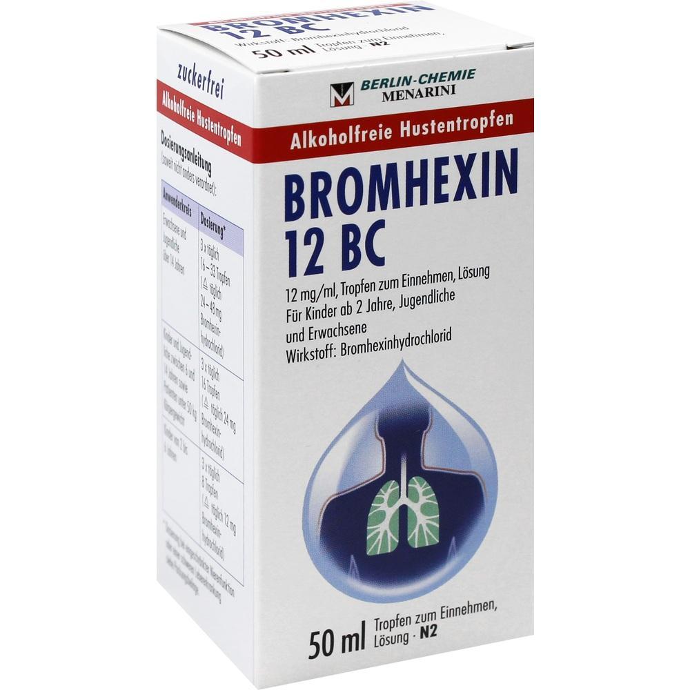 Wei&szlig;e Packung mit der Aufschrift "Bromhexin 12 BC", ein Hustensaft ohne Alkohol.