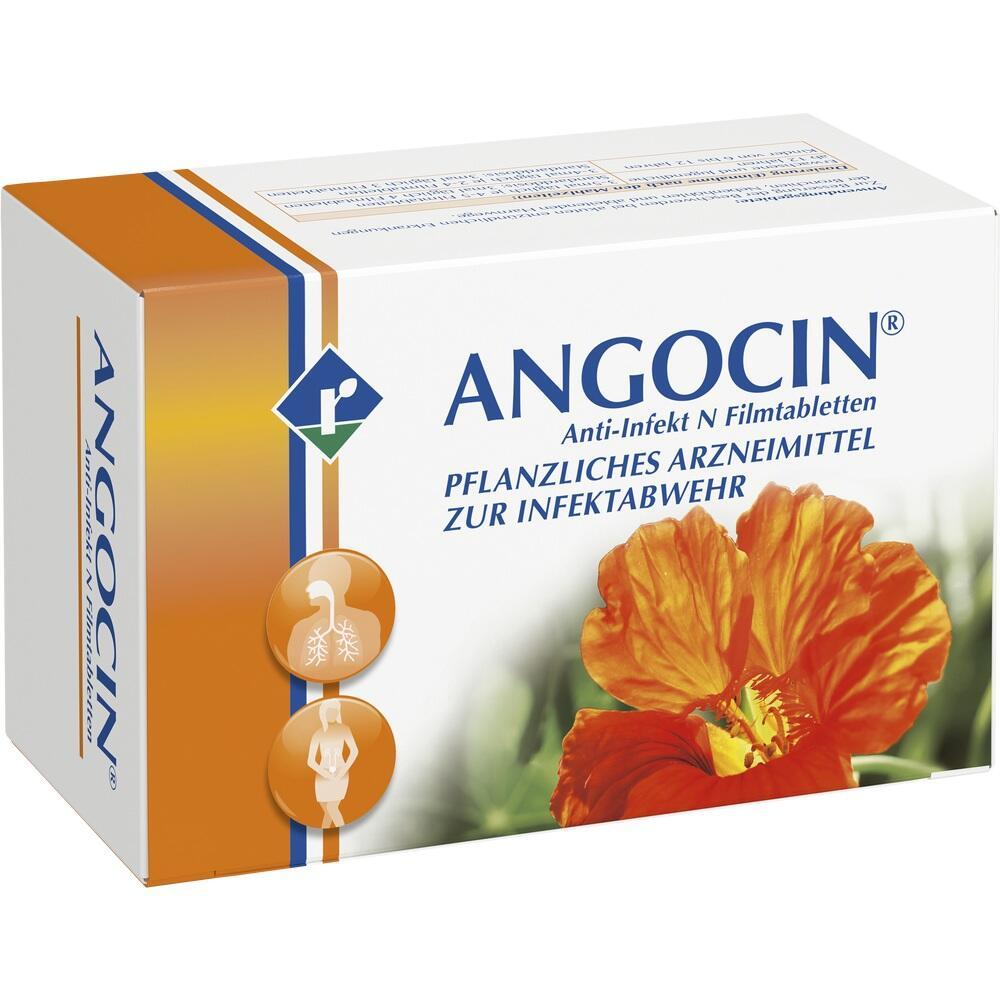 Weiße Packung mit orangefarbenen Blumen und dem Text "ANGOCIN" und "Pflanzliches Arzneimittel".