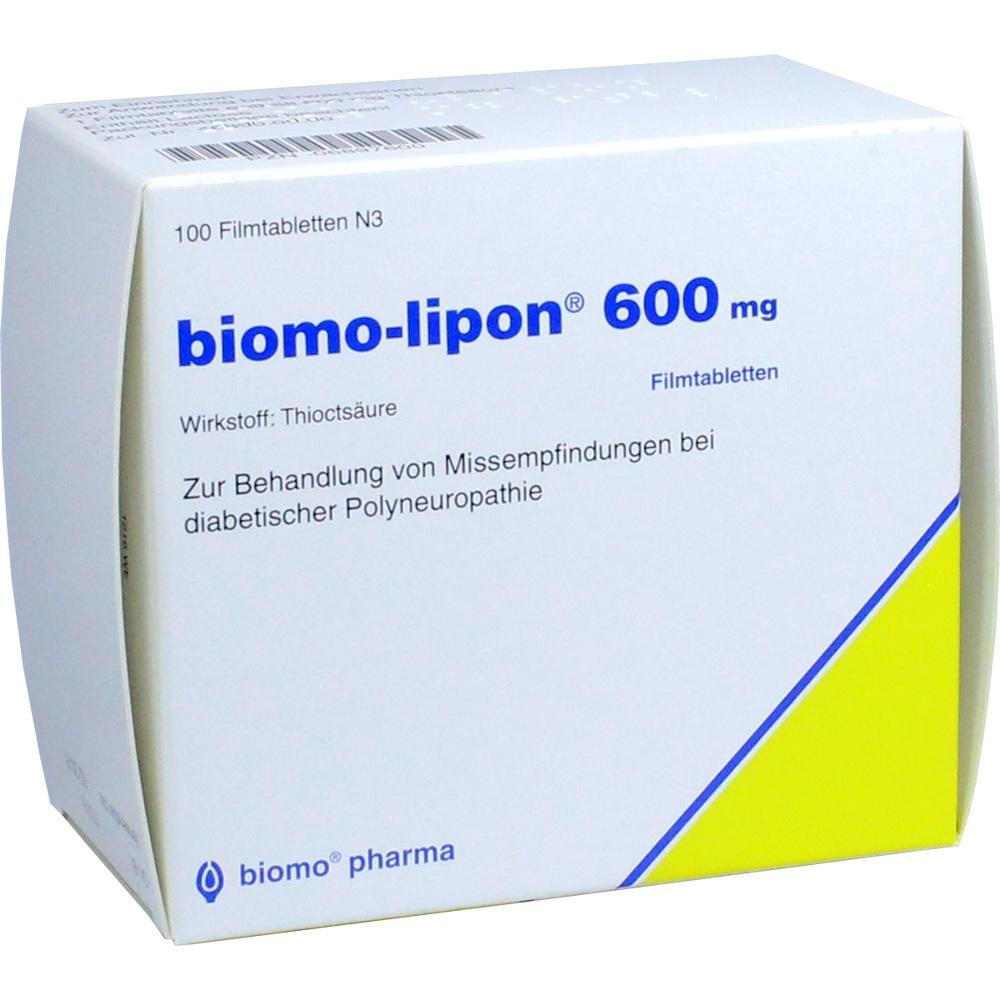 Eine Packung biomo-lipon 600 mg Tabletten für Nervenbeschwerden.
