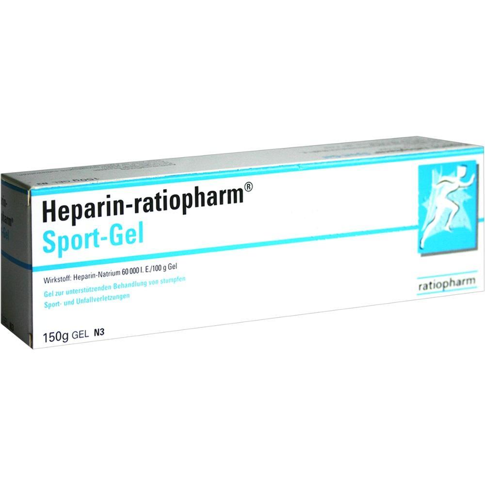 Eine weiße Schachtel mit Heparin-ratiopharm Sport-Gel zur Behandlung von Sportverletzungen.
