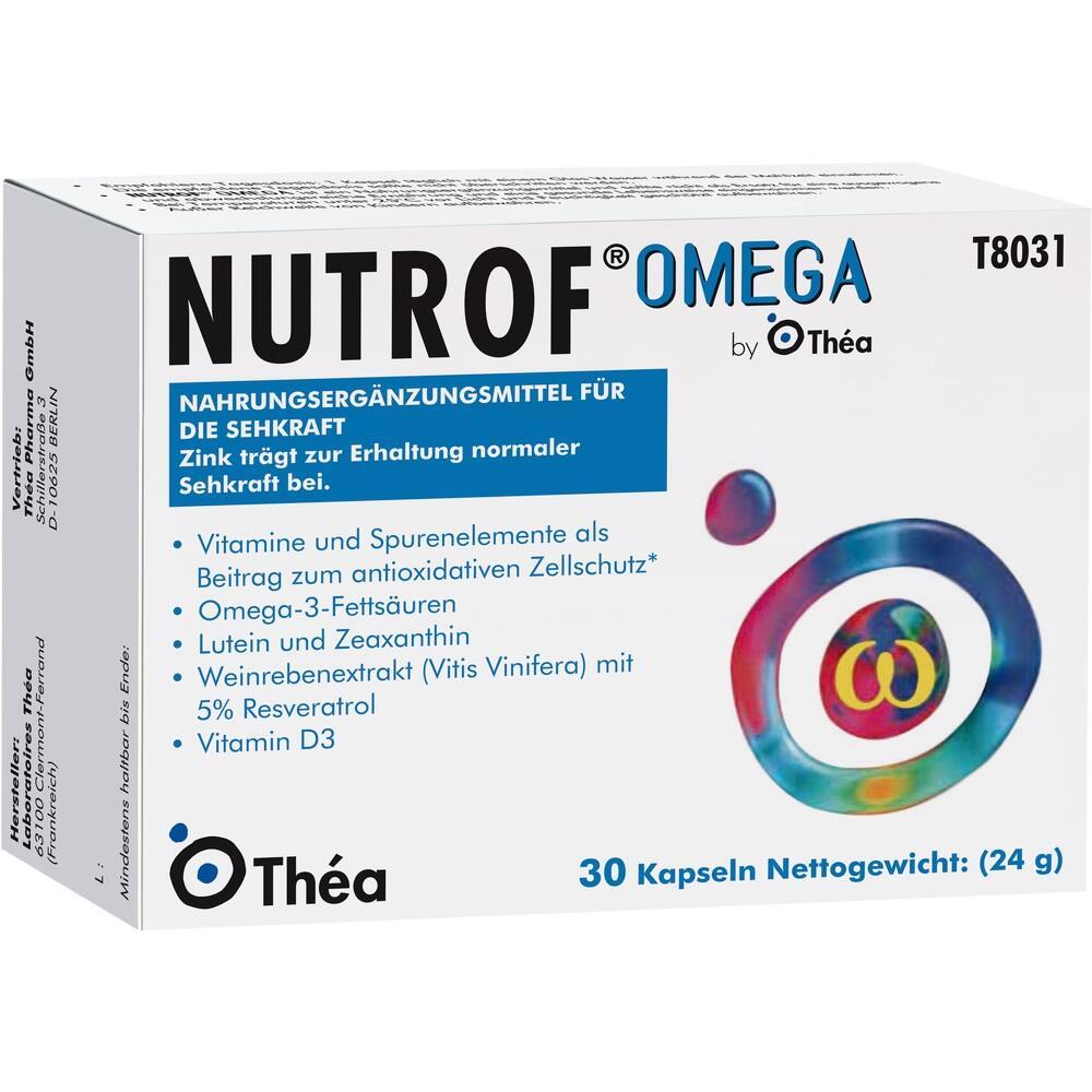 Verpackung von Nutrof Omega, einem Nahrungsergänzungsmittel für die Sehkraft mit Vitaminen.