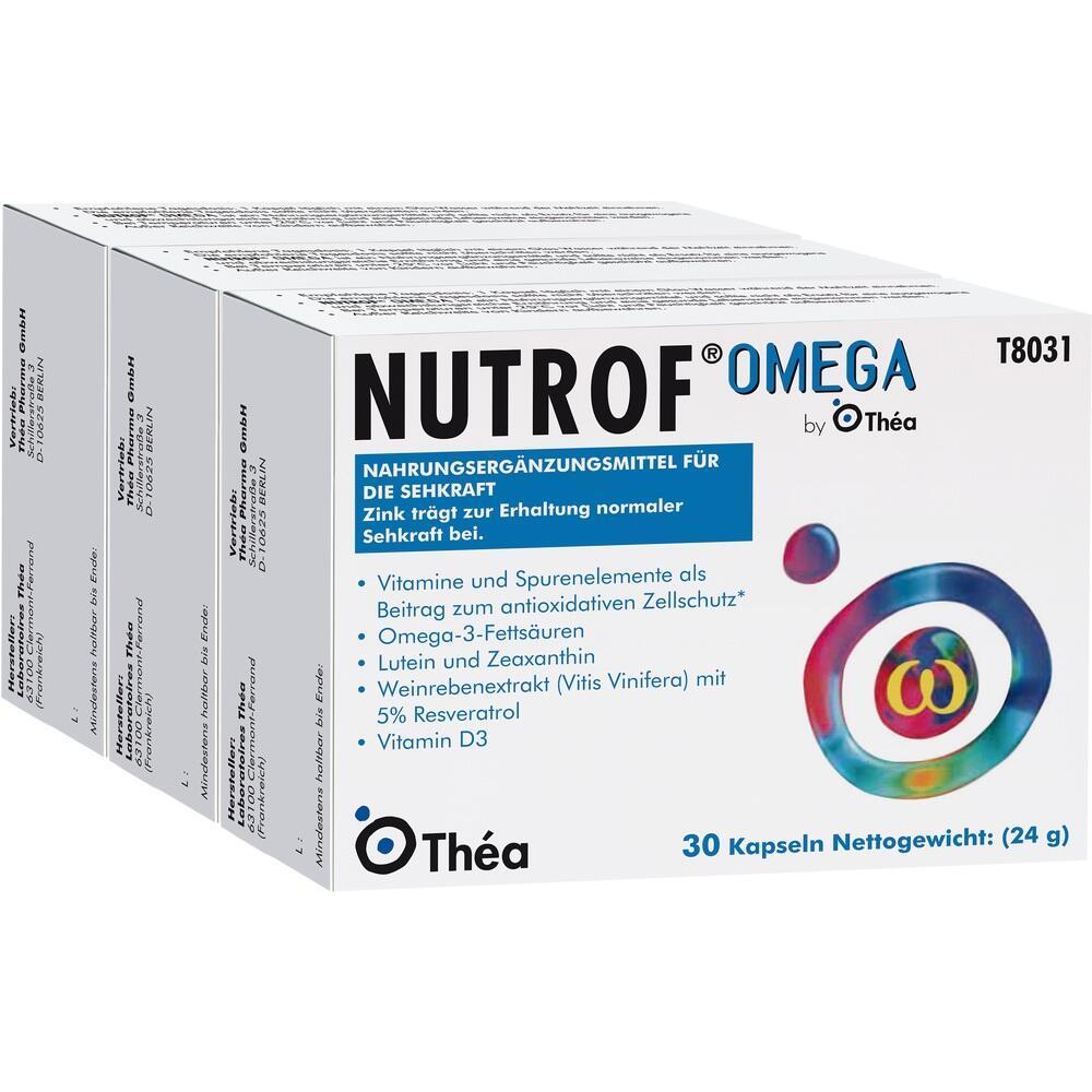 Eine Packung Nutrof Omega Nahrungsergänzungsmittel zur Unterstützung der Sehkraft.