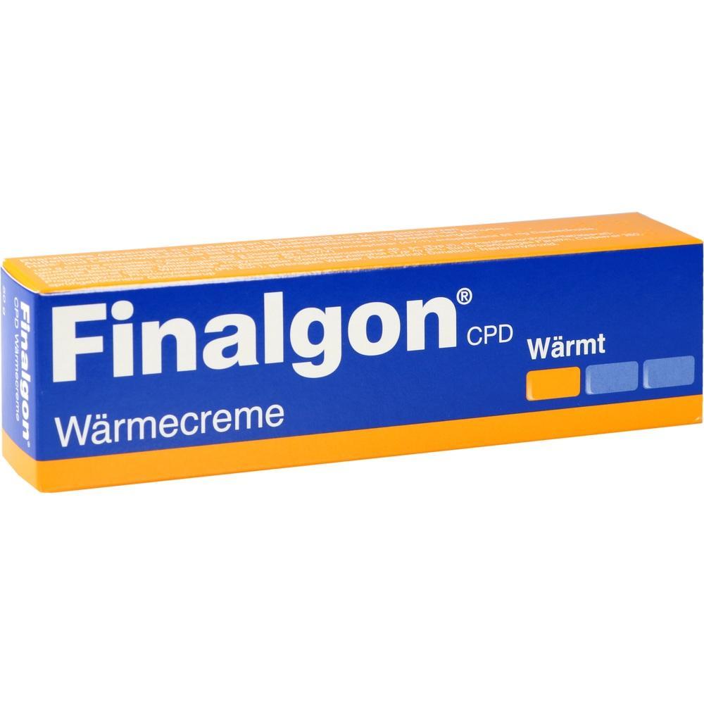 Eine blaue und orange Schachtel mit der Aufschrift "Finalgon Wärmecreme".