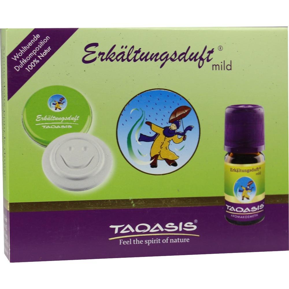 Grüne Verpackung mit Erkältungsduftöl und Figuren in Regenkleidung.