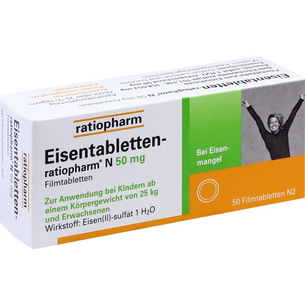Verpackung von Eisentabletten von ratiopharm gegen Eisenmangel.