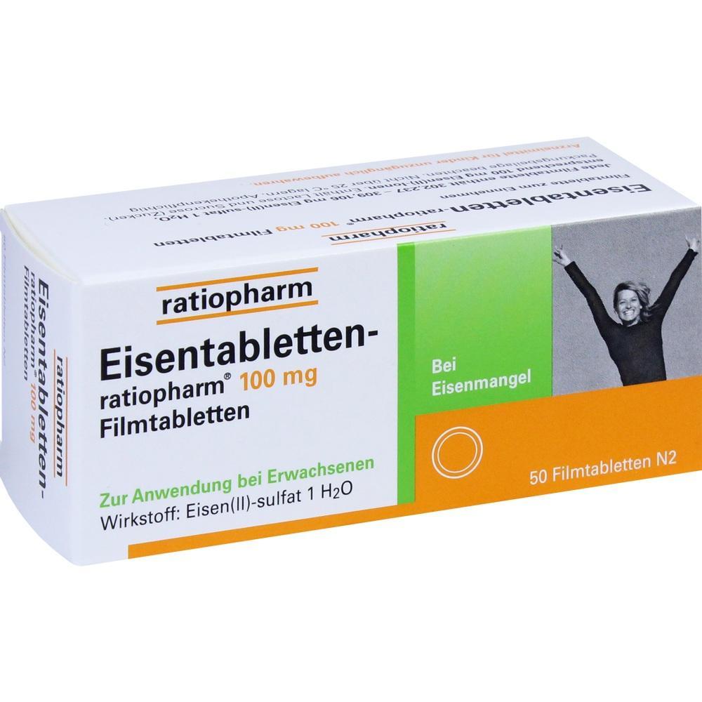Packung mit ratiopharm Eisentabletten für Erwachsene gegen Eisenmangel.