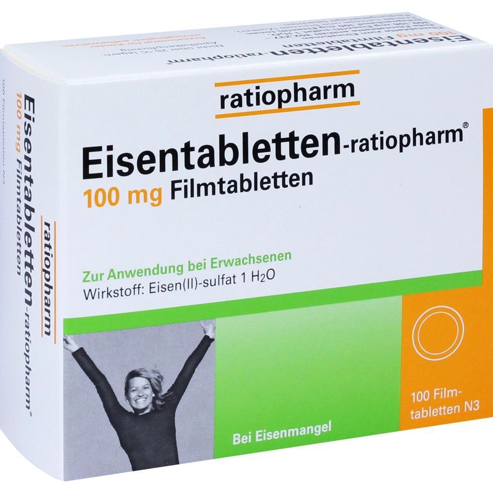 Verpackung von Eisentabletten für Erwachsene bei Eisenmangel von ratiopharm.