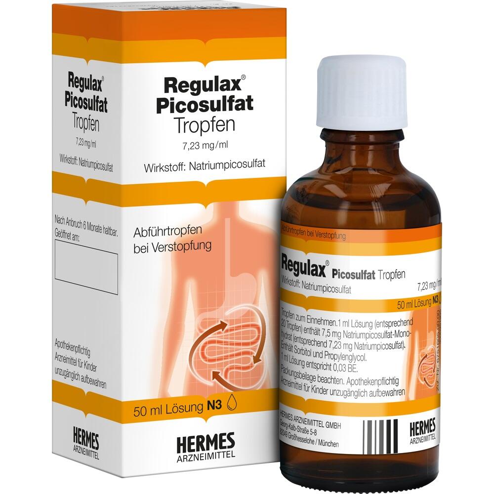 Braune Flasche mit einem Karton von Regulax Abführtropfen gegen Verstopfung.