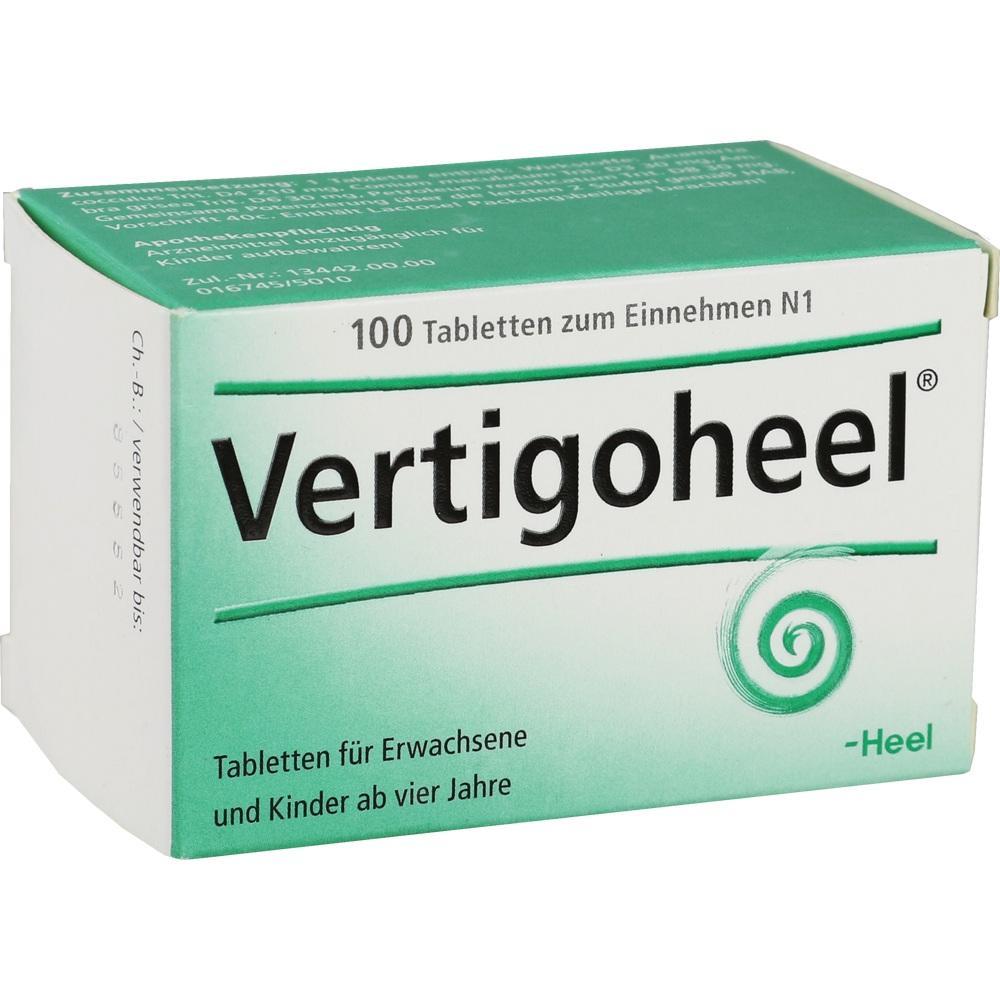 Eine grün-weiße Packung mit 100 Vertigoheel Tabletten für Erwachsene und Kinder ab vier Jahren.
