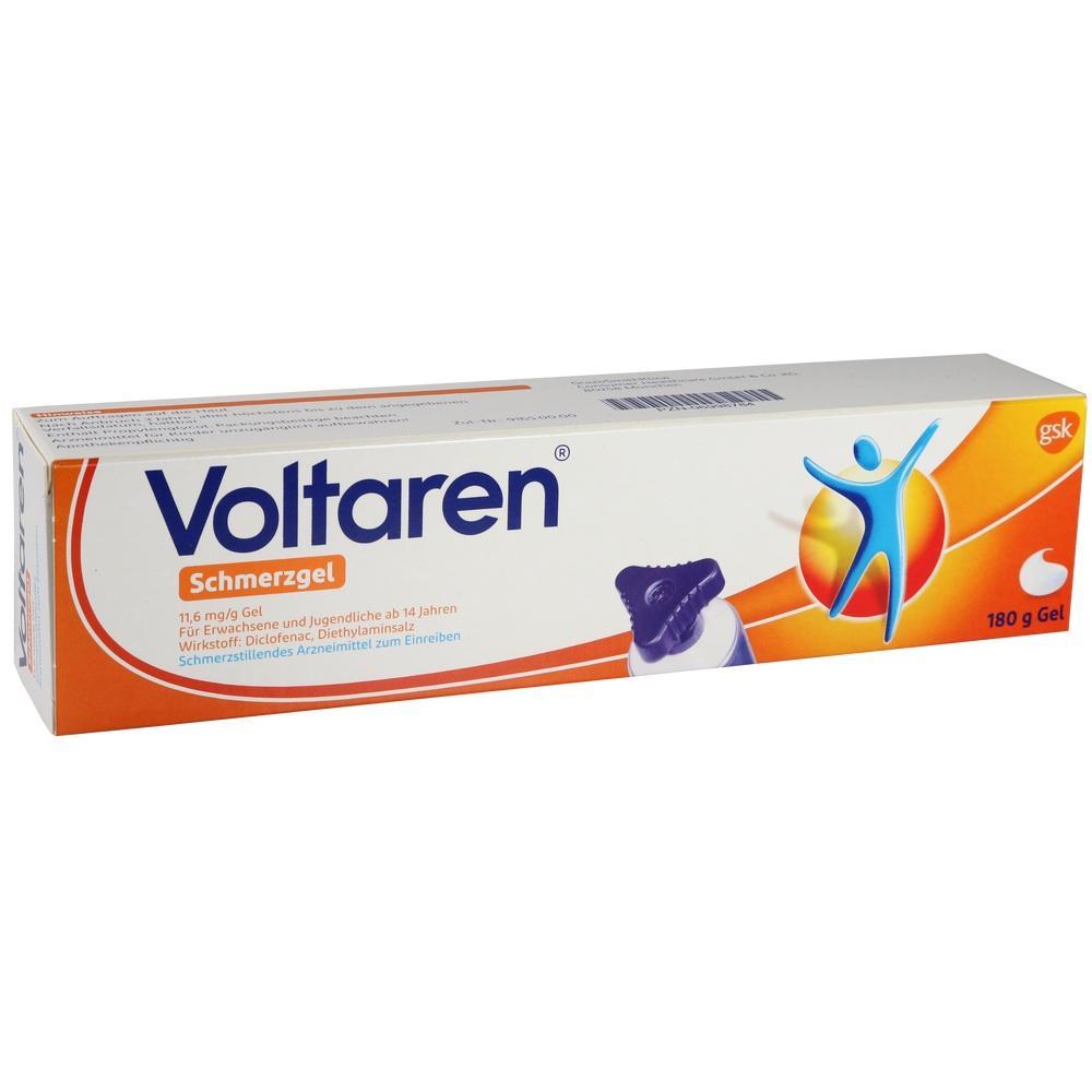 Wei&szlig;e Packung mit Voltaren Schmerzgel f&uuml;r Erwachsene zum Einreiben bei Schmerzen.