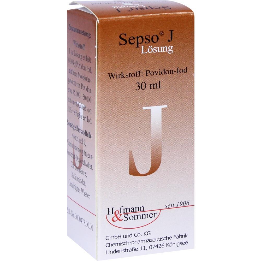 Braune Schachtel mit Aufschrift "Sepso J Lösung, 30 ml" und Herstellerinformationen.