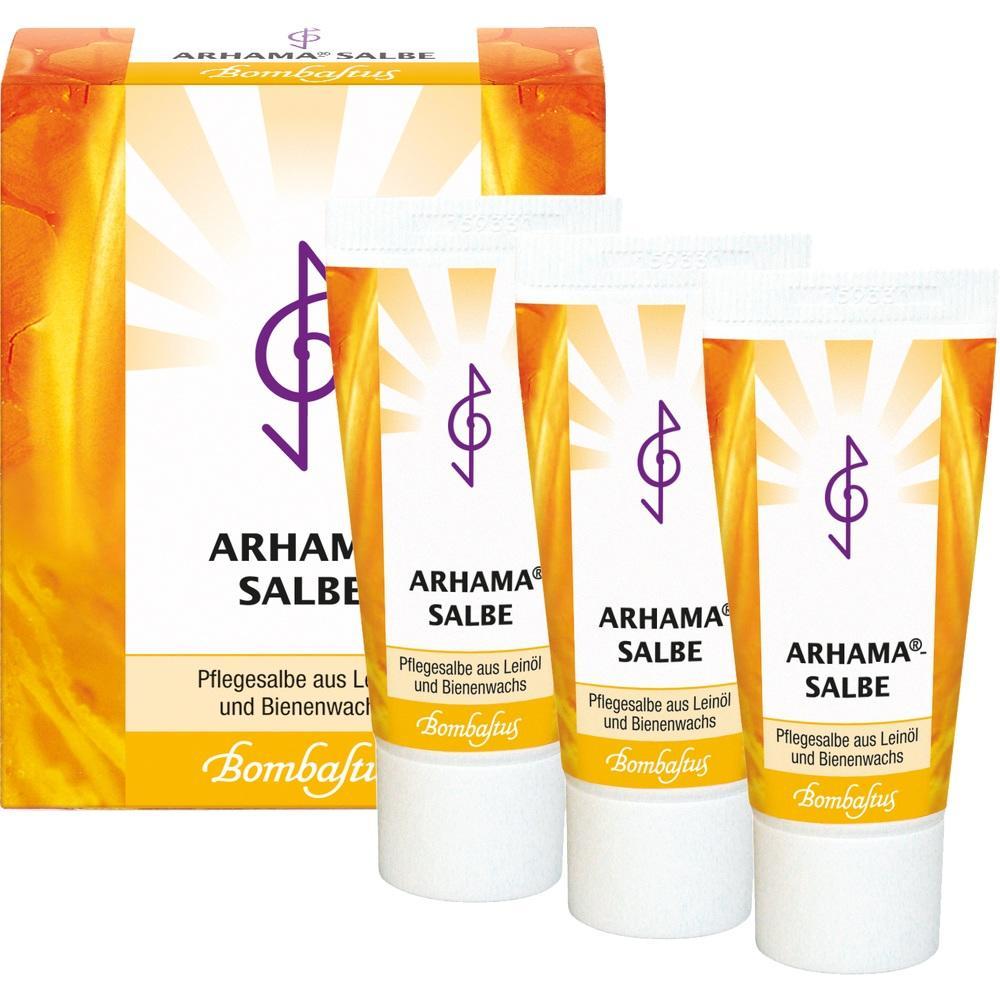 Drei Tuben Arhama Salbe stehen vor einer gelben Verpackung.
