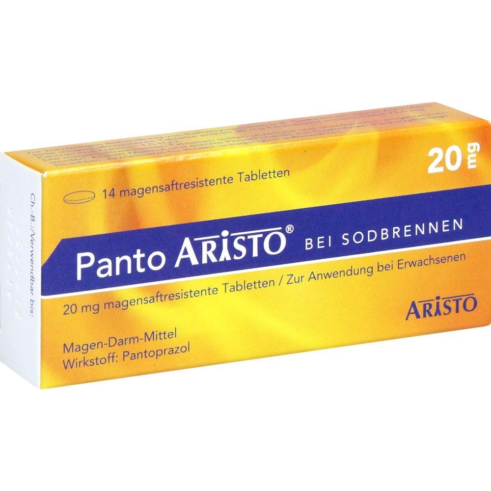 Gelbe Medikamentenpackung "Panto Aristo" gegen Sodbrennen, enth&auml;lt 14 Tabletten.