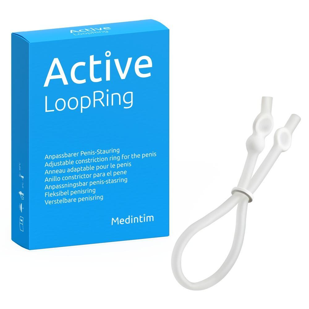 Blaue Verpackung mit der Aufschrift "Active LoopRing" und ein wei&szlig;er Ring daneben.