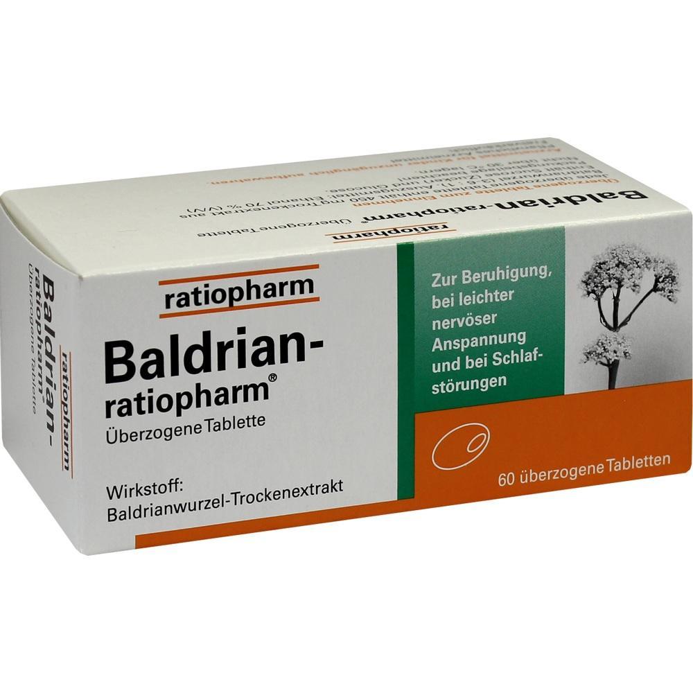 Eine Packung Baldrian-Tabletten von Ratiopharm zur Beruhigung und bei Schlafstörungen.