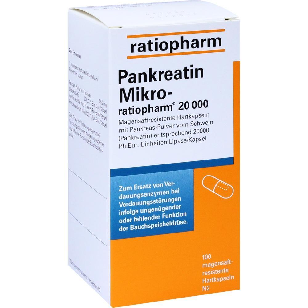 Verpackung von Pankreatin Mikro-ratiopharm 20.000 mit 100 Hartkapseln für die Verdauung.