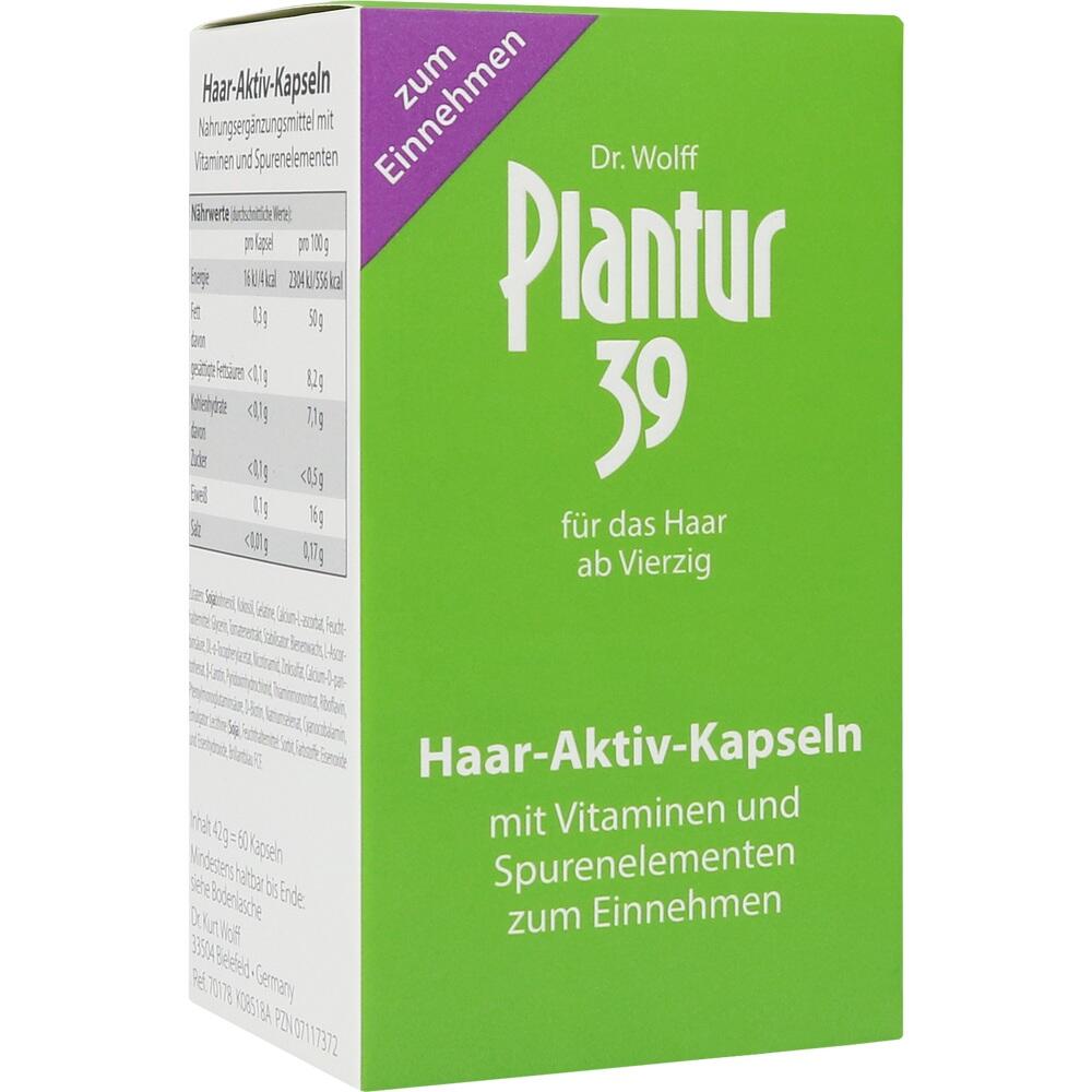Grüne Packung von Plantur 39 für Haar-Aktiv-Kapseln mit Vitaminen und Spurenelementen.