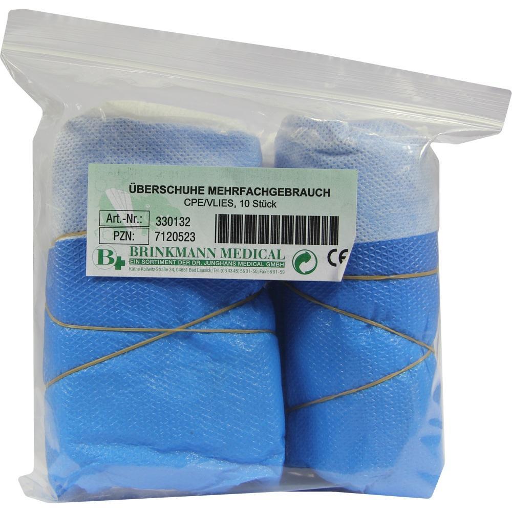 Eine Plastikverpackung mit blauen Überschuhen.