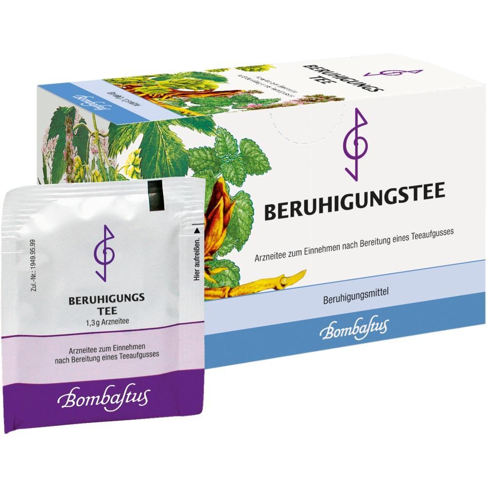 Verpackung und Teebeutel für beruhigenden Kräutertee mit Pflanzenmotiv.