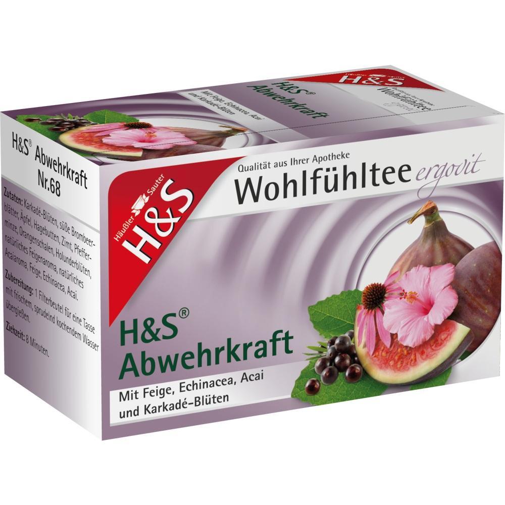 Eine Packung H&S Abwehrkraft Tee mit Fr&uuml;chten und Bl&uuml;ten darauf abgebildet.