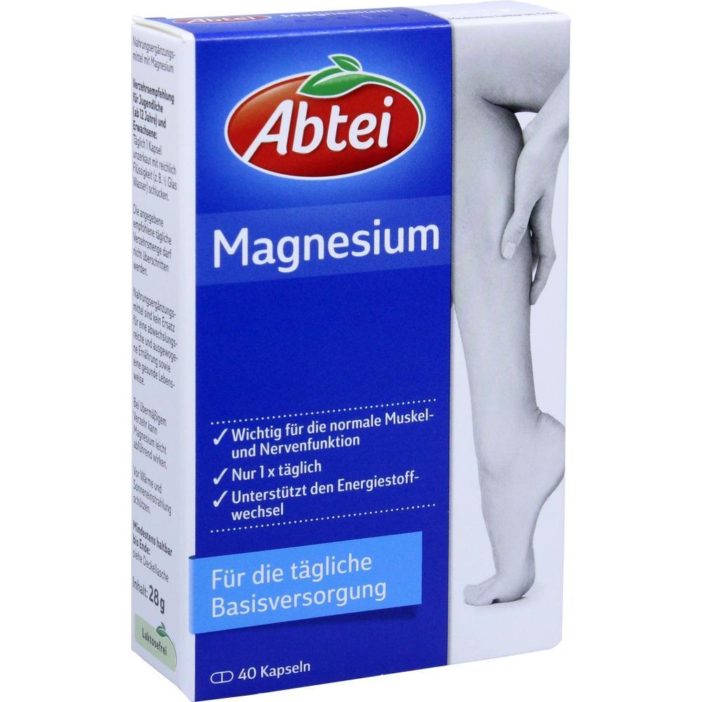 Verpackung von Abtei Magnesium mit Bein und Hand, 40 Kapseln zur täglichen Versorgung.