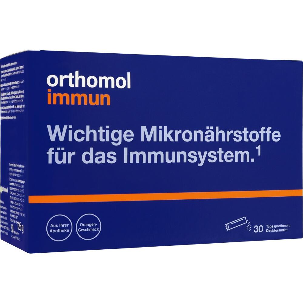 Blaue Verpackung von Orthomol Immun mit Vitaminpulver f&uuml;r das Immunsystem.