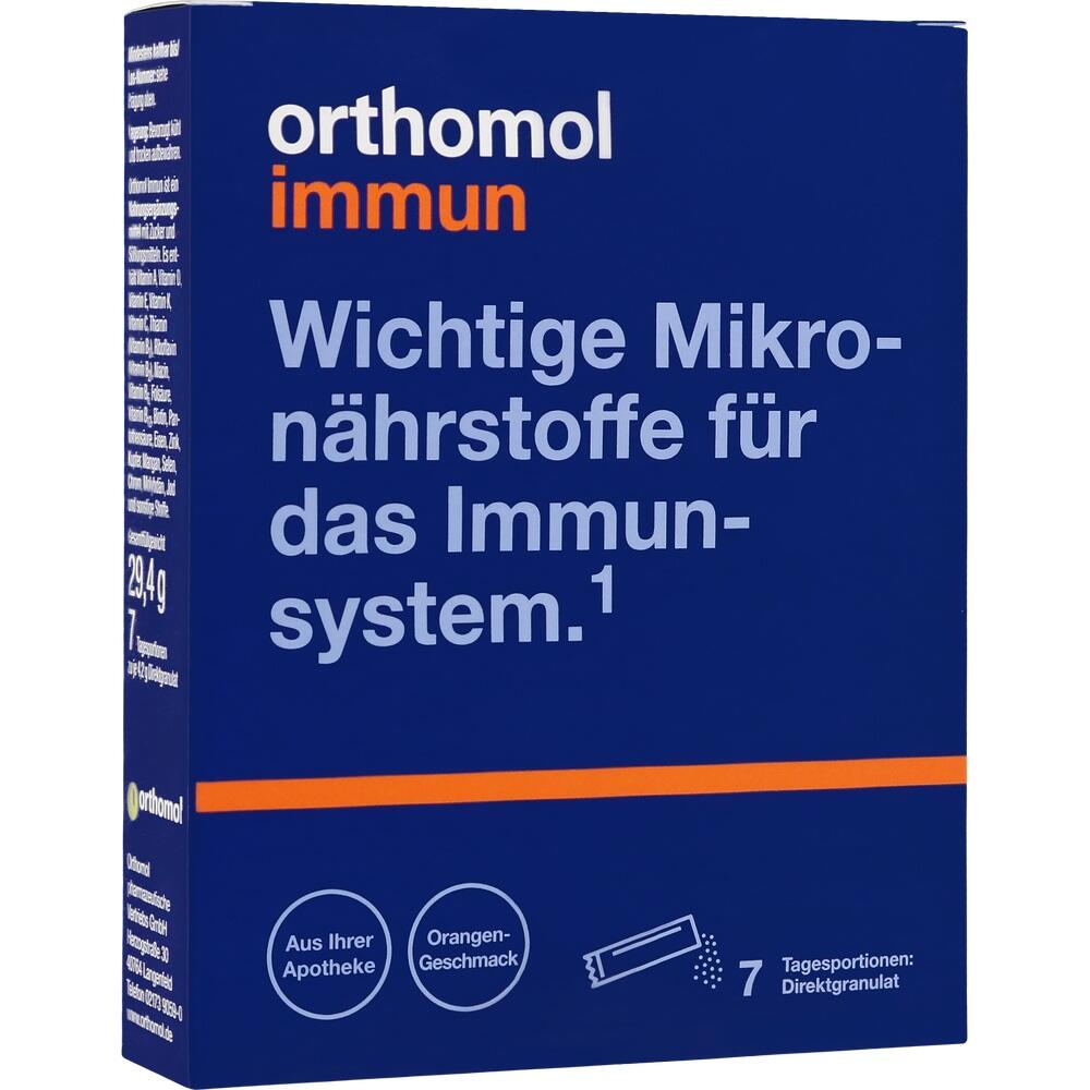 Eine blaue Packung &bdquo;orthomol immun&ldquo; mit Mikron&auml;hrstoffen f&uuml;r das Immunsystem.